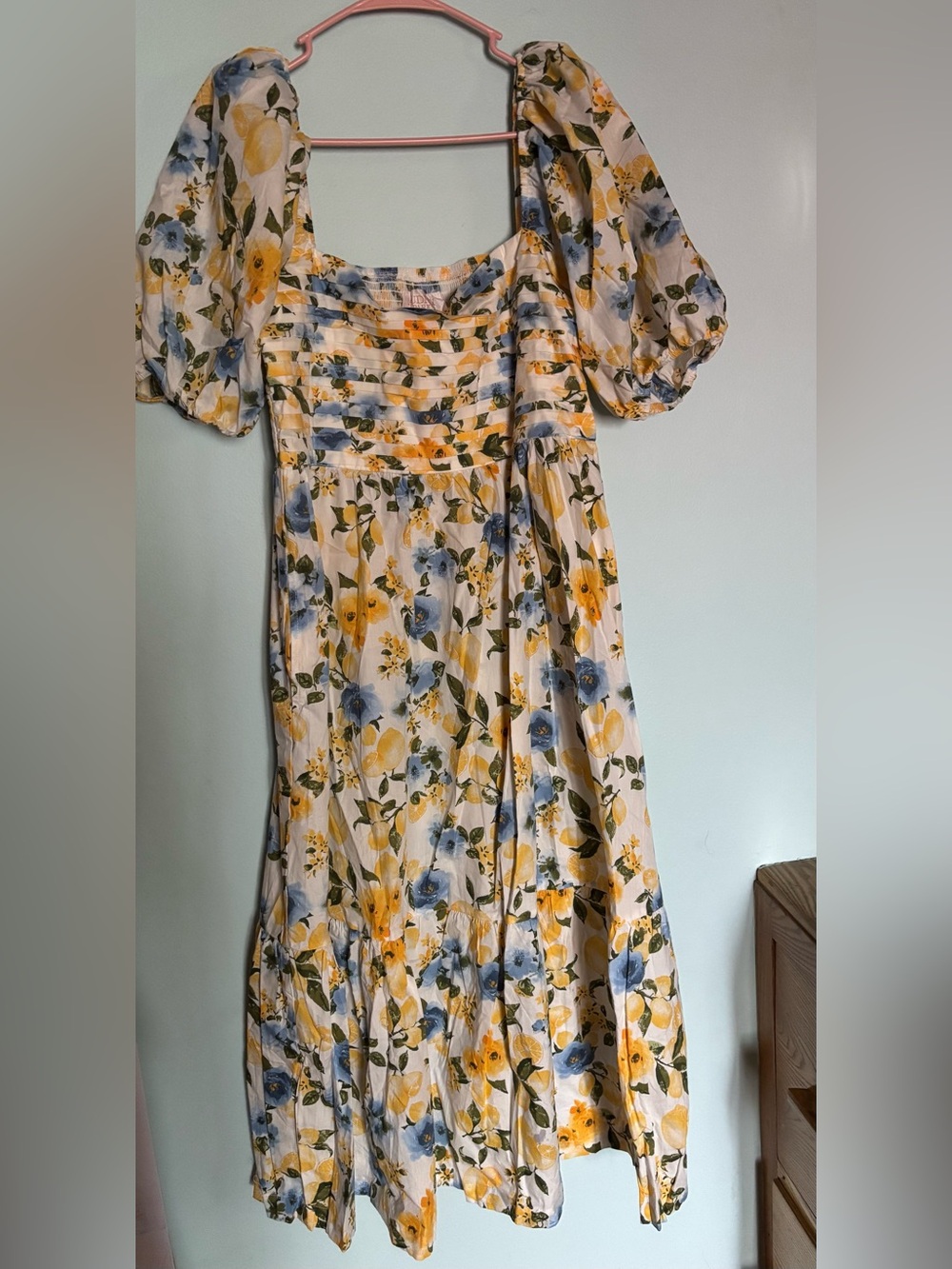Puff-Sleeve Floral Midi Dress in Cream, Yellow & Blue